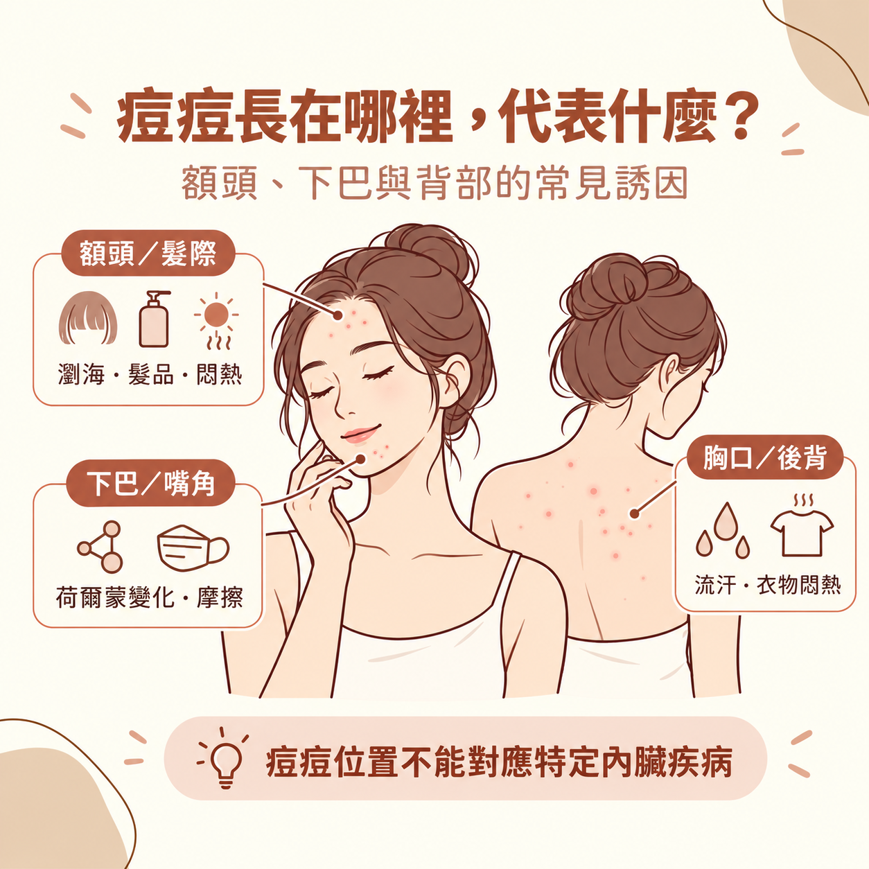 痘痘長在額頭、下巴或背部，代表身體哪裡出問題？